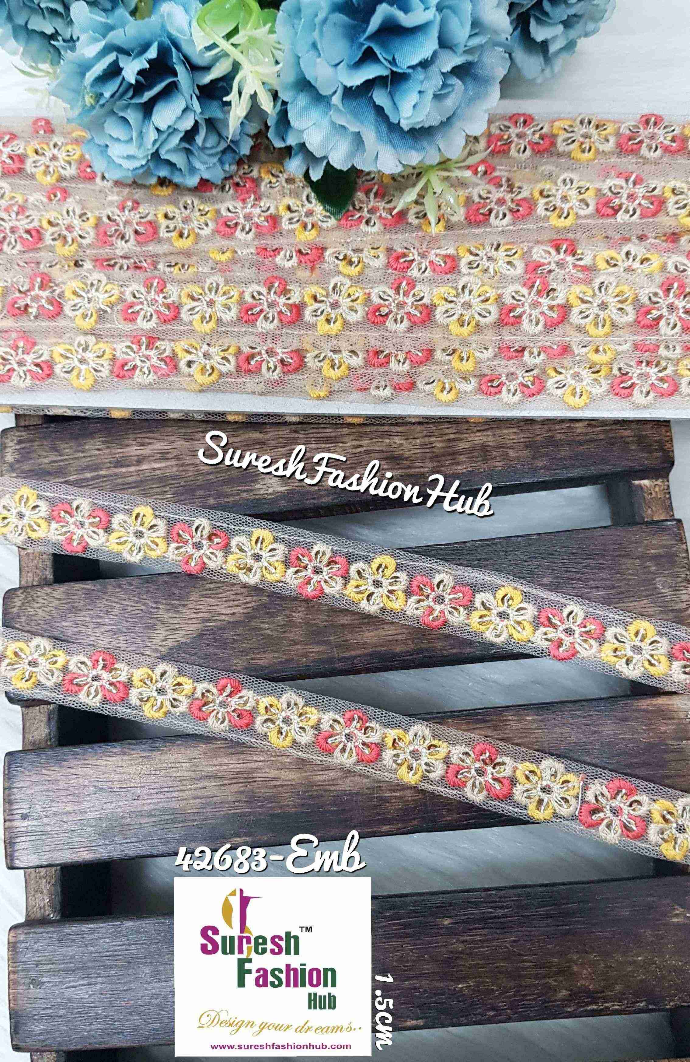 Colorful Threaded Flowerbed  On Net Embroidered  Trims