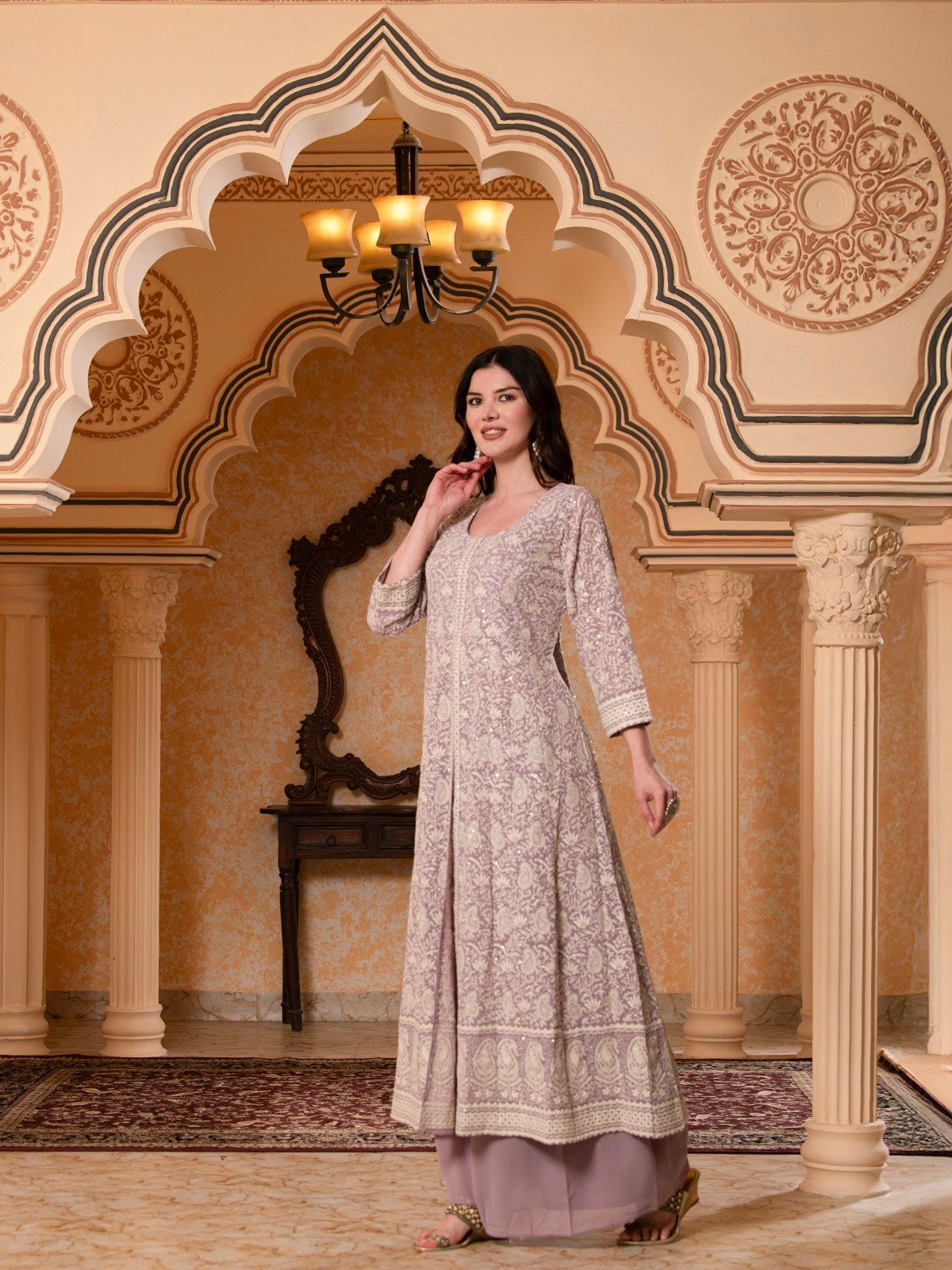 ALBION FANCY LADIES ETHNIC ONION PINK KURTI SET
