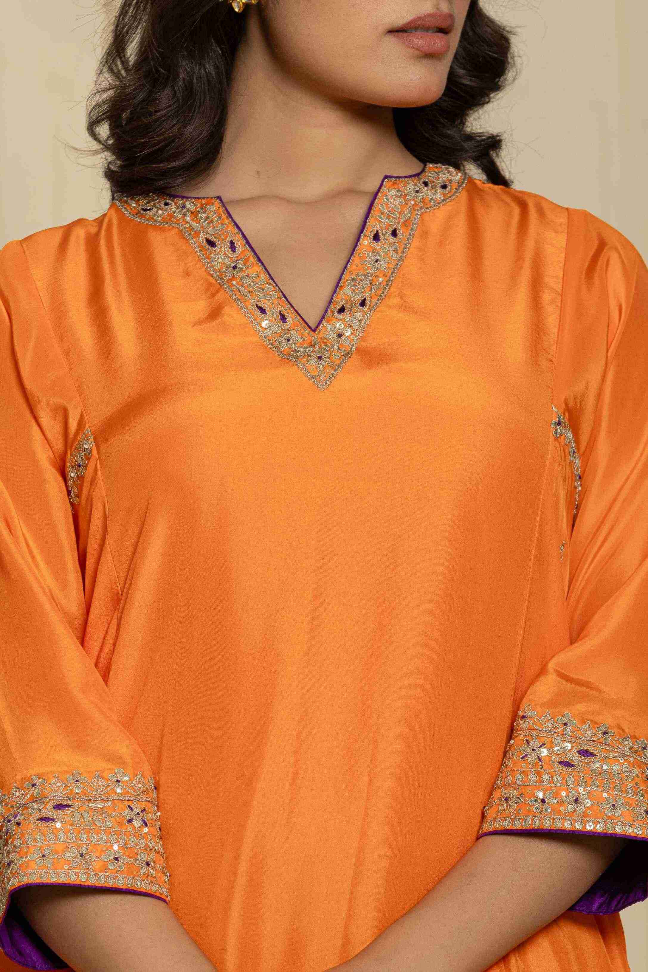 Orange-Purple handwork kurta set