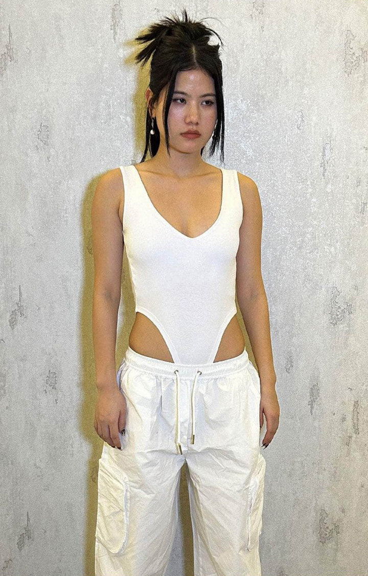 Women's White Plunging V Bodysuit