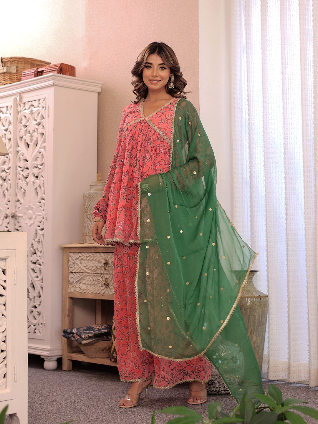 ALIA CUT PINK FLORAL EMBROIDERED KURTA WITH SHARARA & DUPATTA