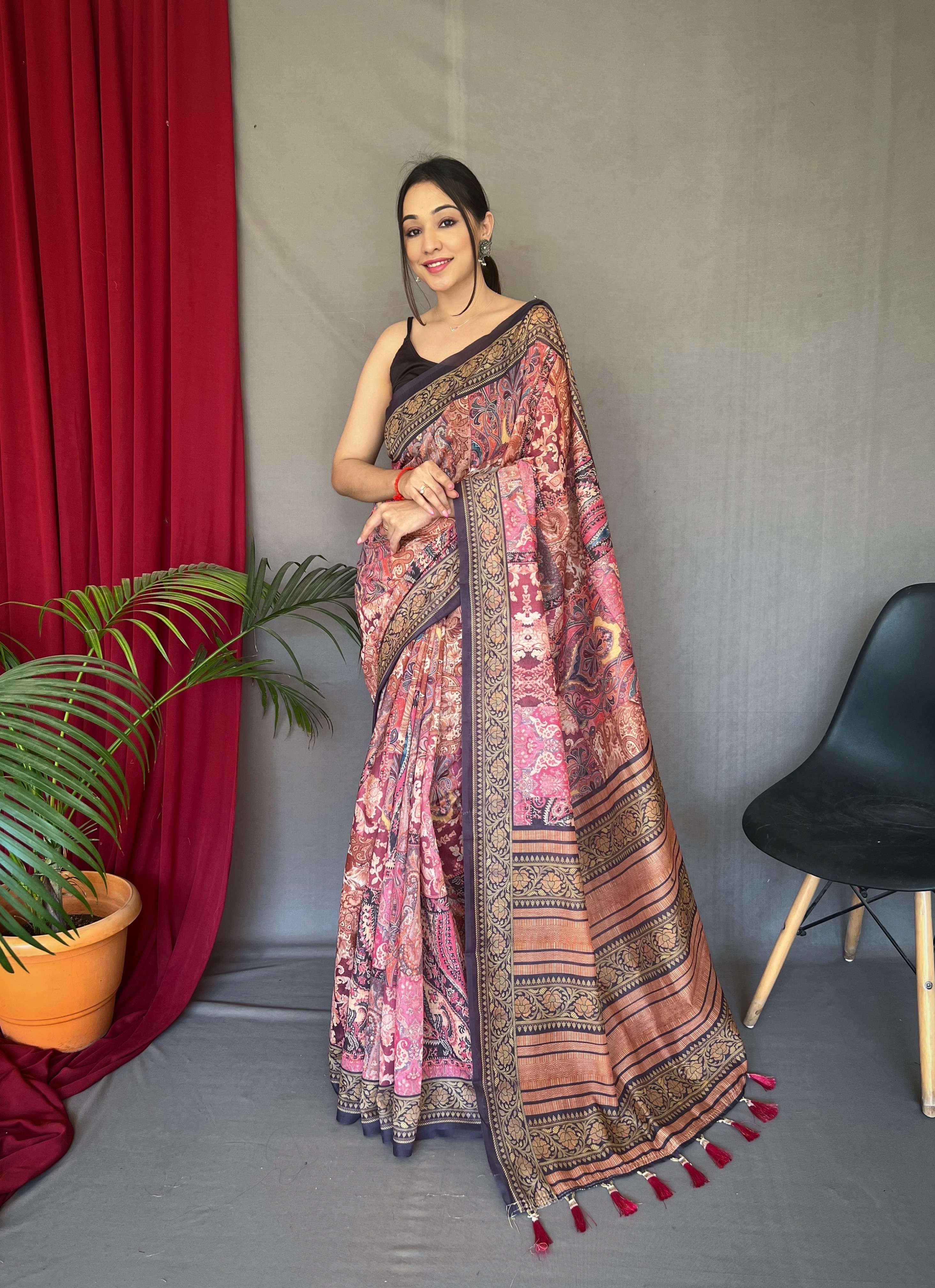 Women's Carpet Silk Silky Pink Cotton Saree