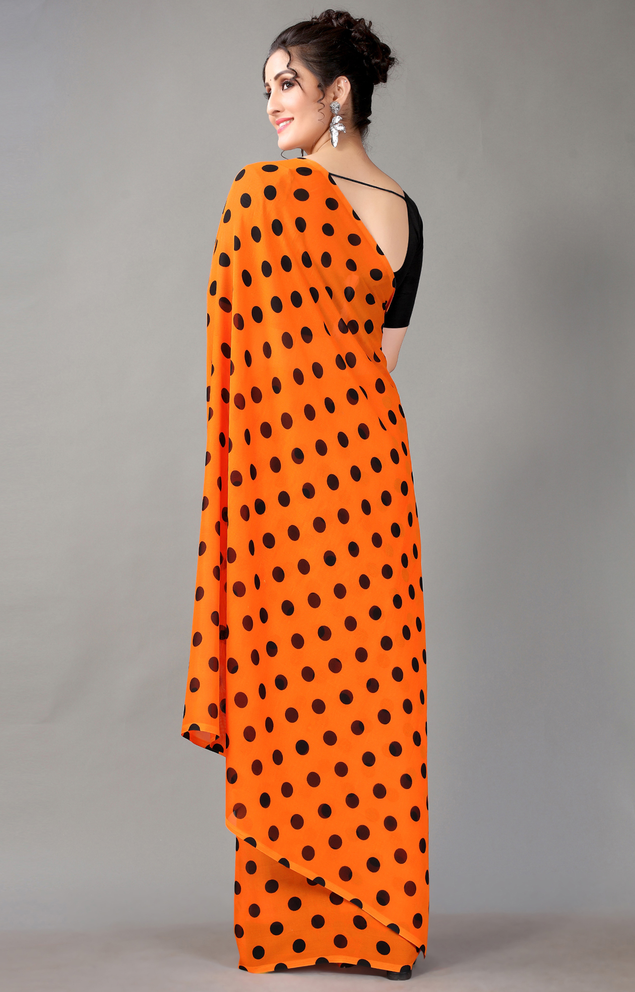 Women's Orange Poly Georgette Polka Dot/Geometric Print Saree-HAL23RYN00043ORNG