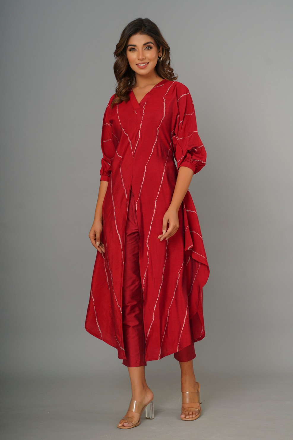 Red Muslin Handkerchief A-Line Kurta With Pant