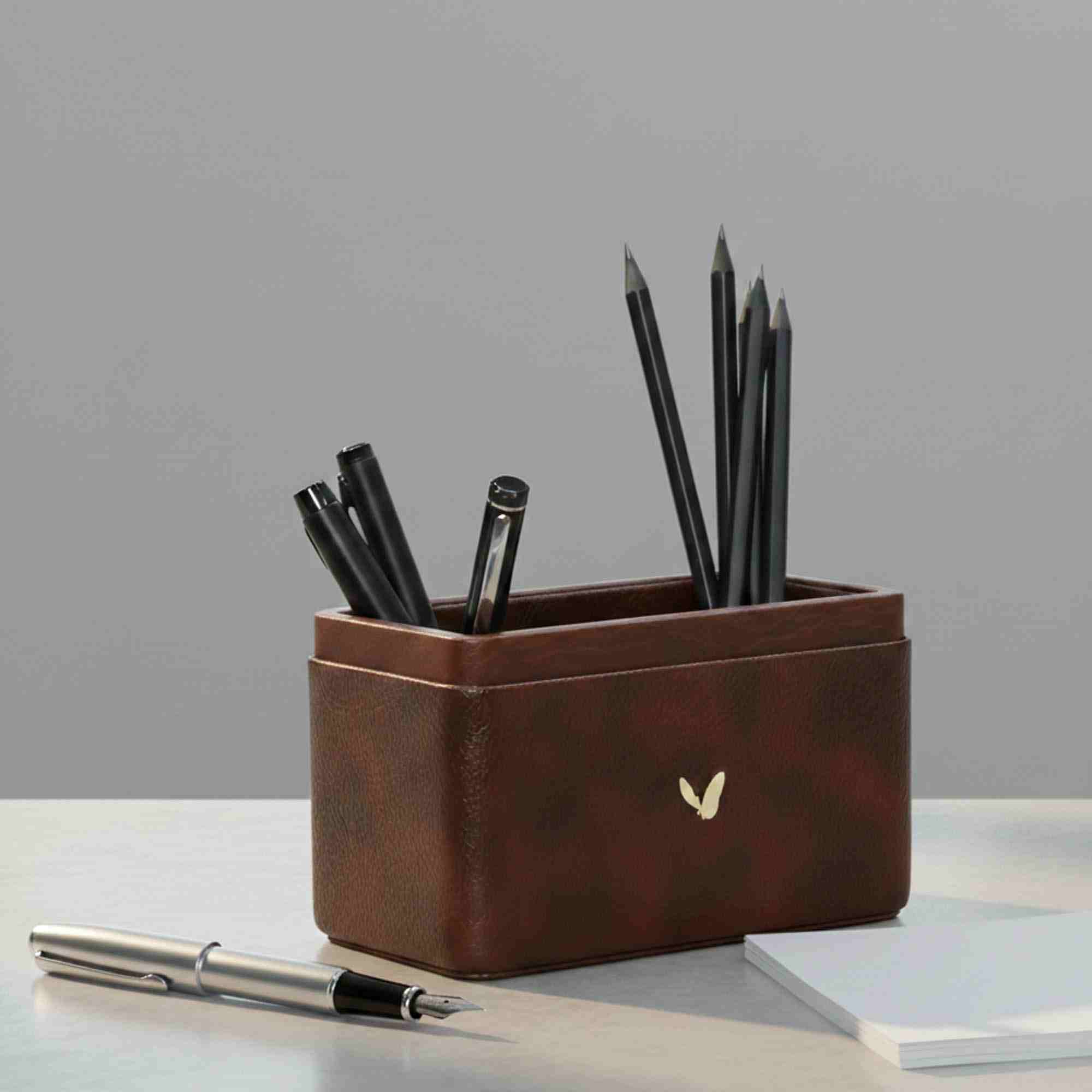 Pen/Pencil Holder | Faux Leather | Rectangular Medium | Classic | Brown