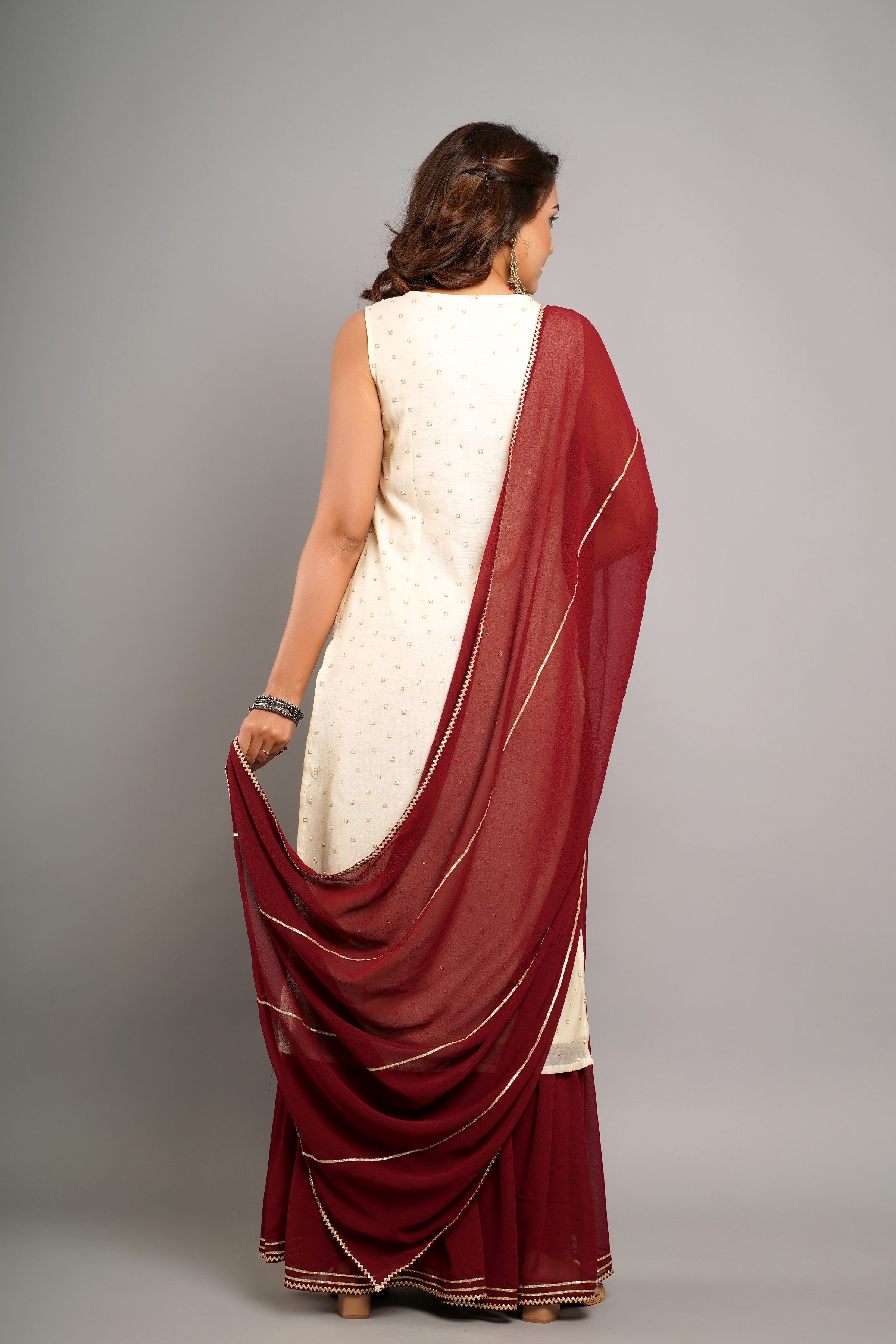 Beautiful Embroidery Off White & Maroon Kurta Set With Dupatta