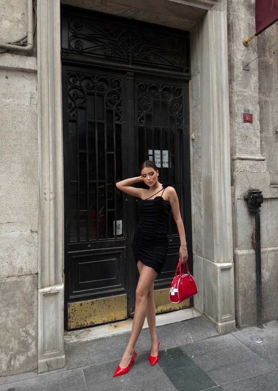 Black off shoulder rose dress