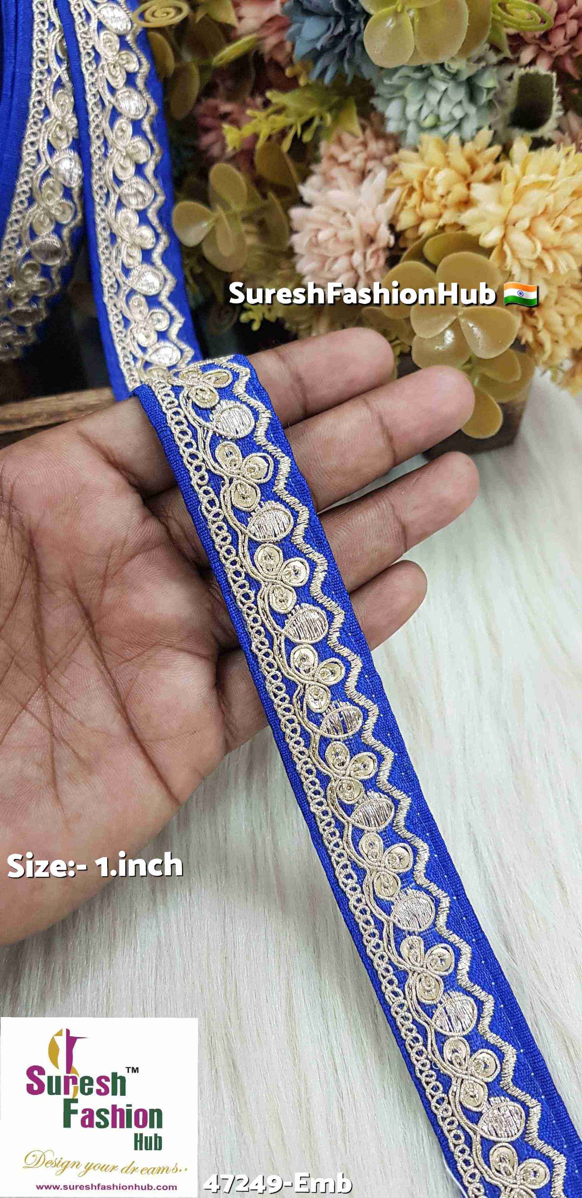 Royal Blue Floral Pearl Embroidery Lace