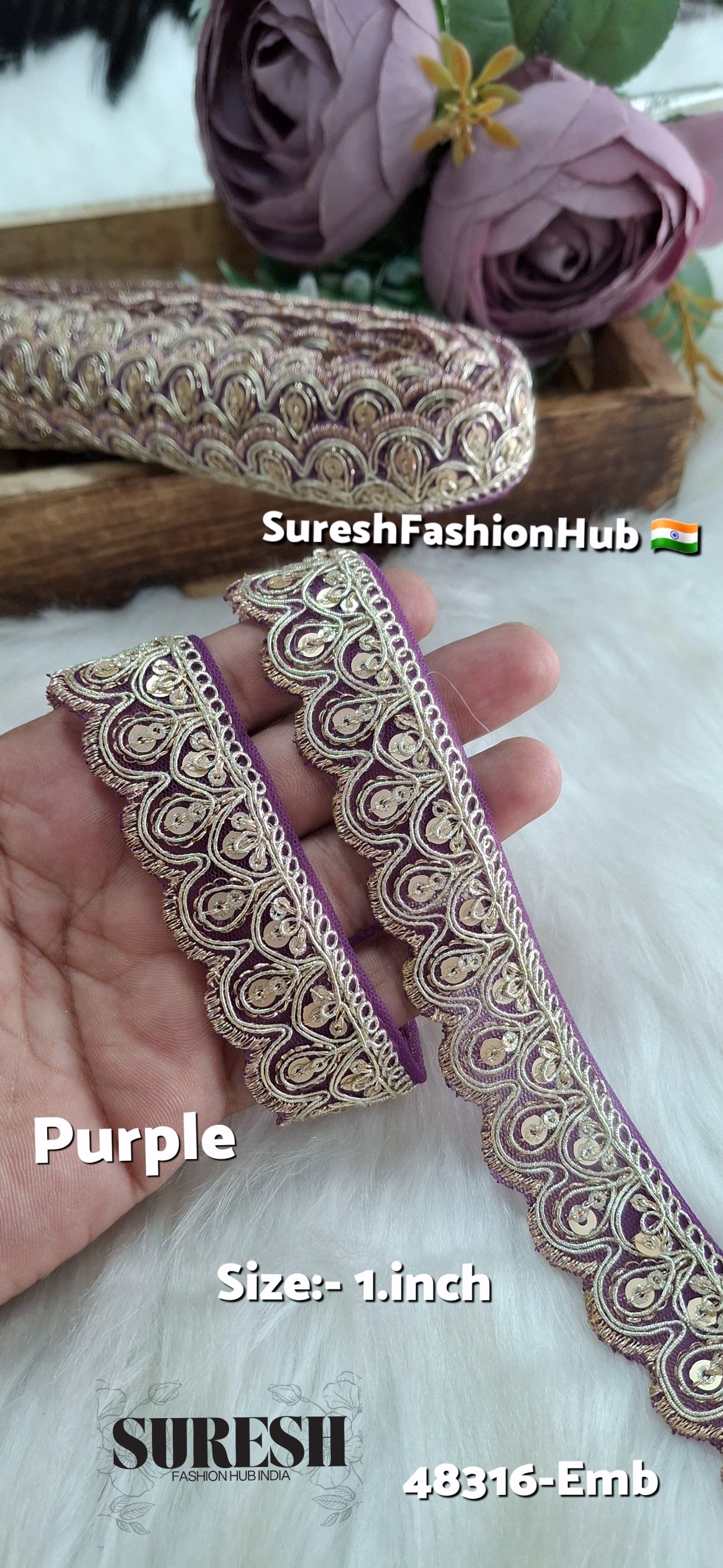 Purple Pearl Dori One Side Scallop Embroidery Lace