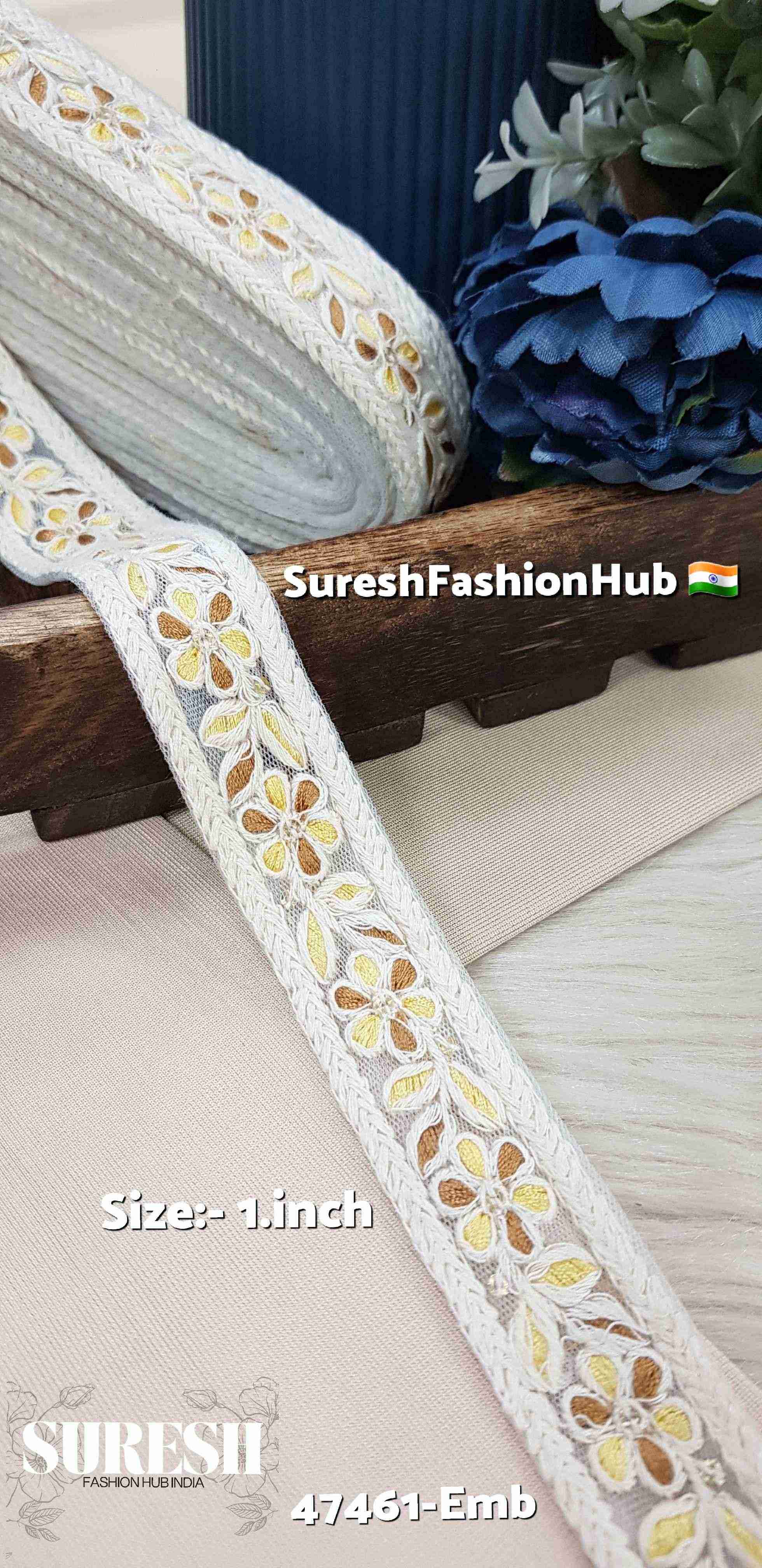 Mustard Yellow & Light Brown Floral Net Lace