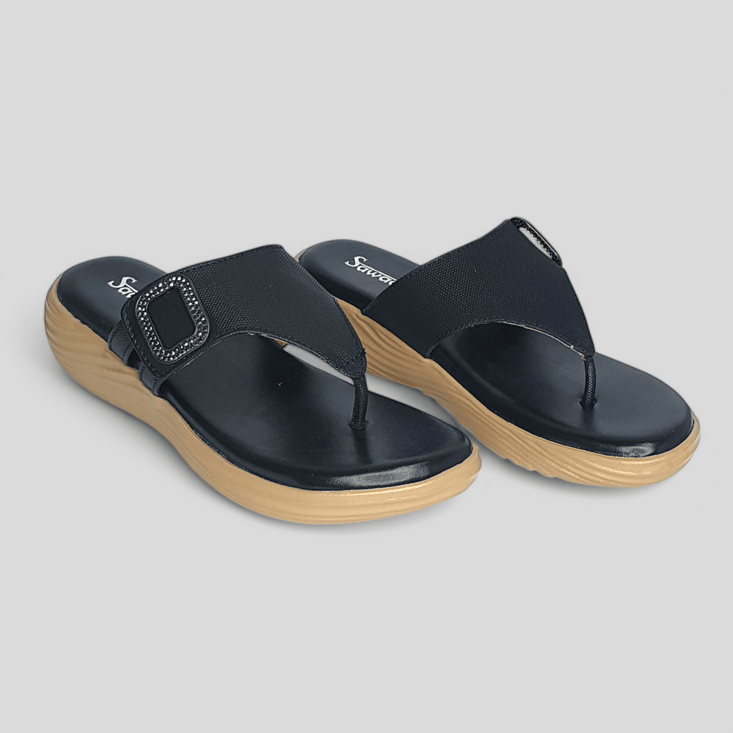 Sawadi Women’s Black Slip-On Comfort Wedge Sandals | Daily Wear Toe-Ring Chappal with Tan Sole