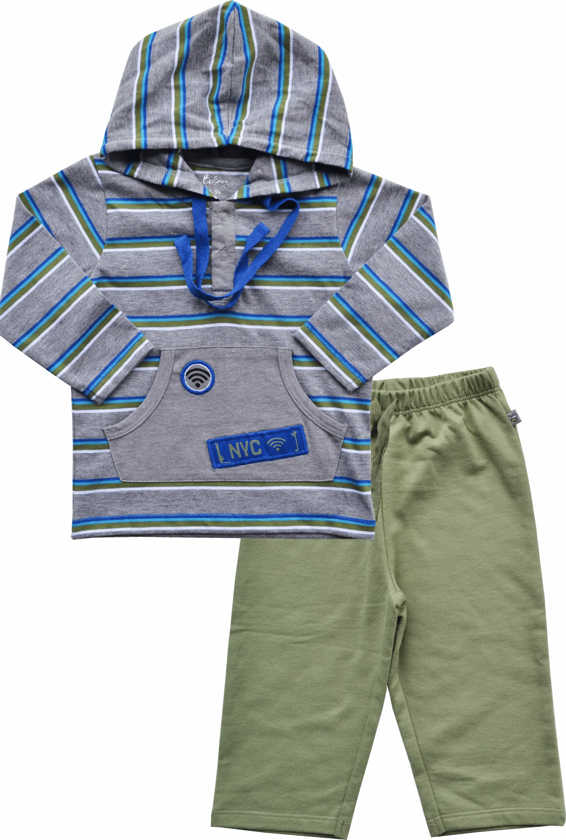 Grey Hoody Striped T-Shirt + Green Pant Set(100% Cotton Interlock)