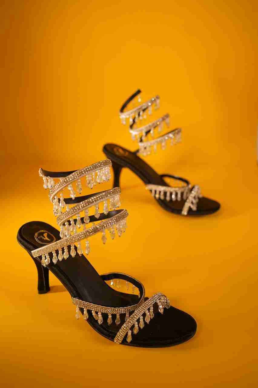 Black Silver Spring With Emblishment Heel Sandal