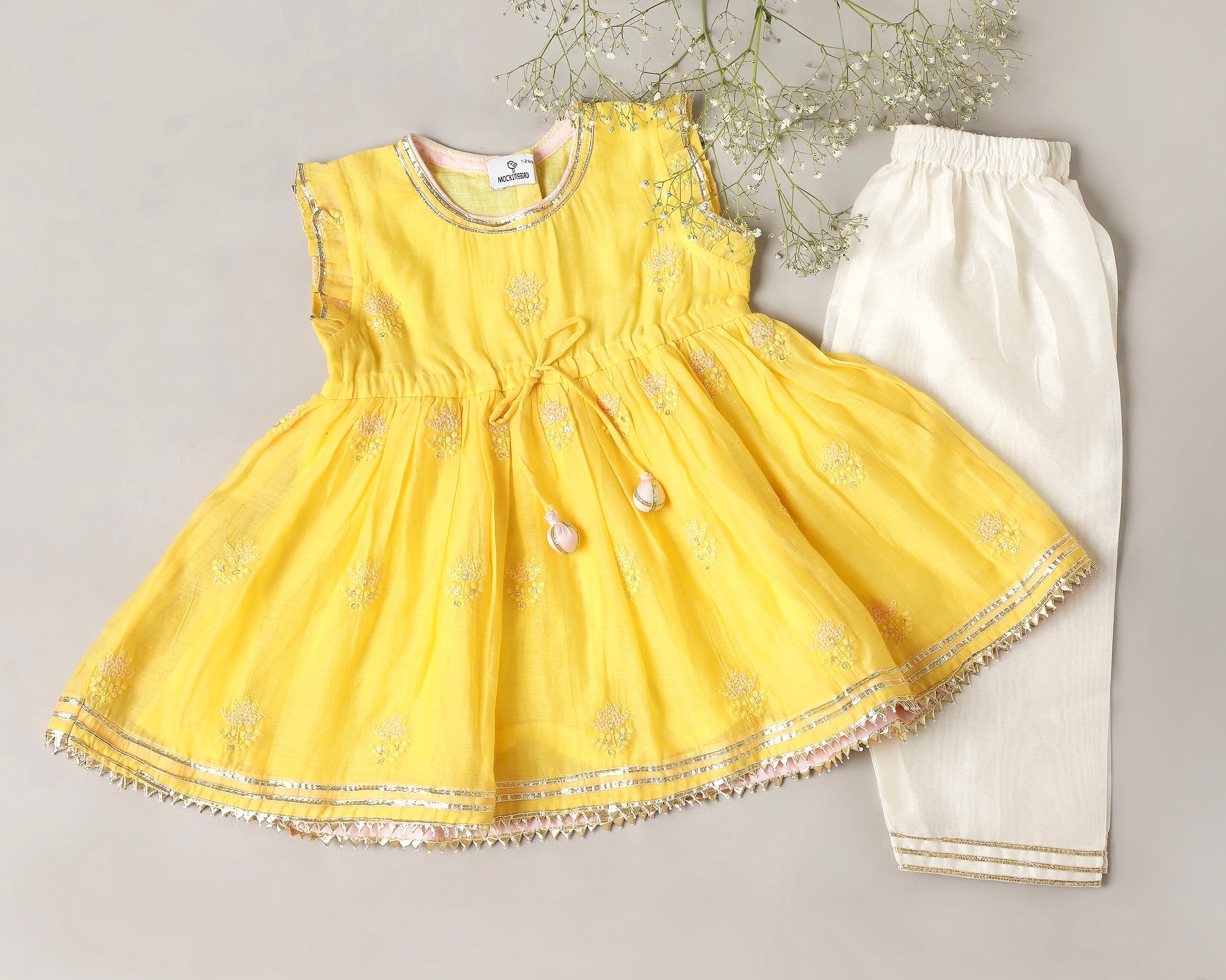 Yellow Mul Anarkali with Thread Work and Ivory Pants