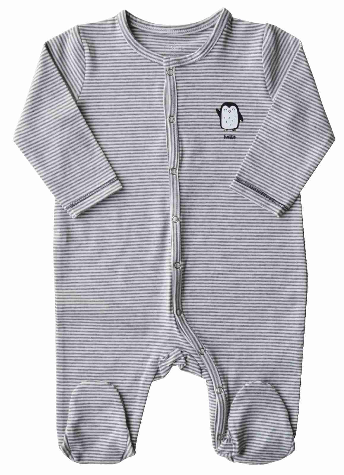 Grey Striped Penguin print on Sleeper /Full Romper with Feet (100% Cotton Interlock)