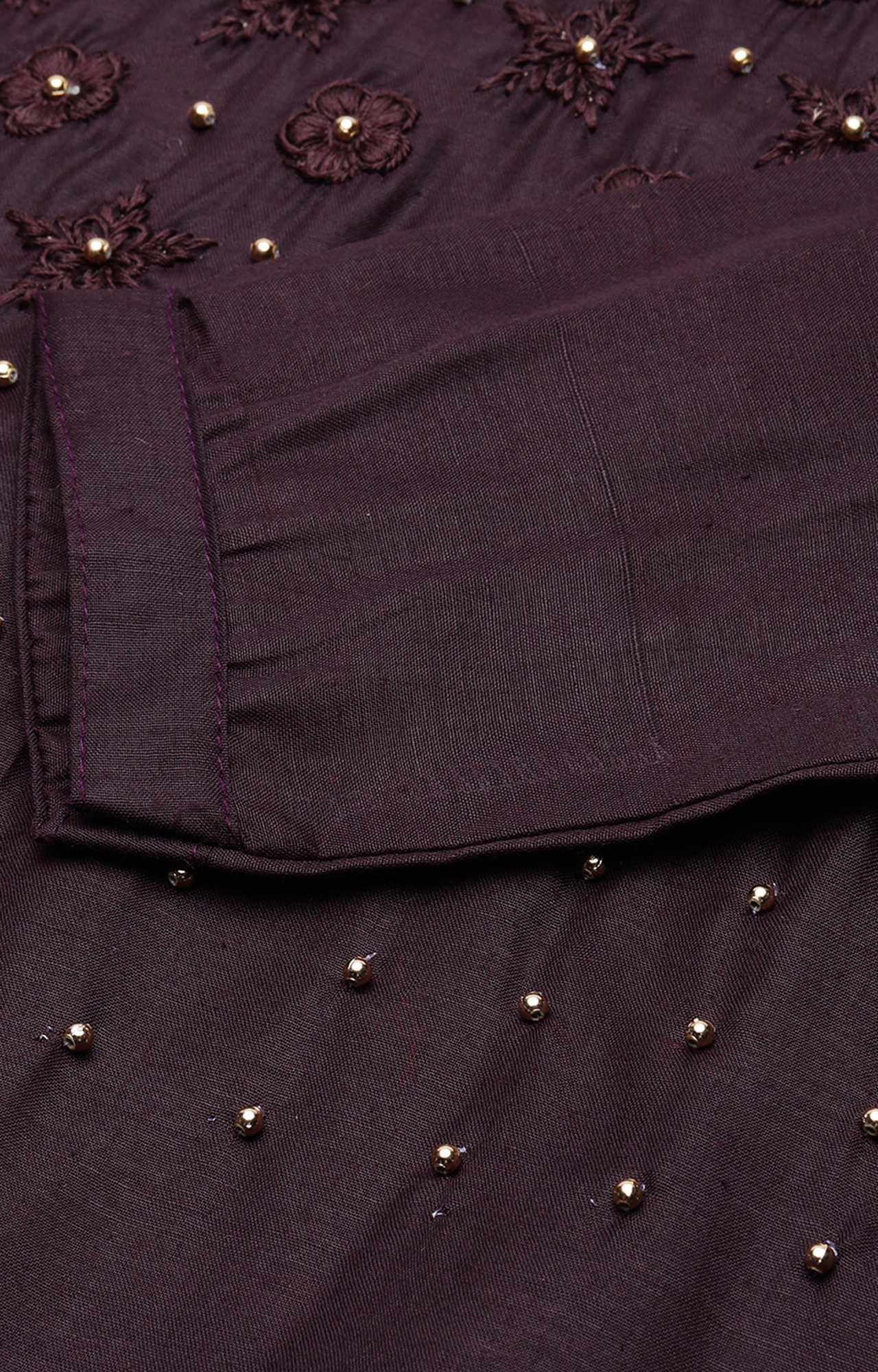 Shaily Women Brown Color Cotton Embroidered With Pearl Unstitched Dress Material-VF_KRINA_BRWN_DM