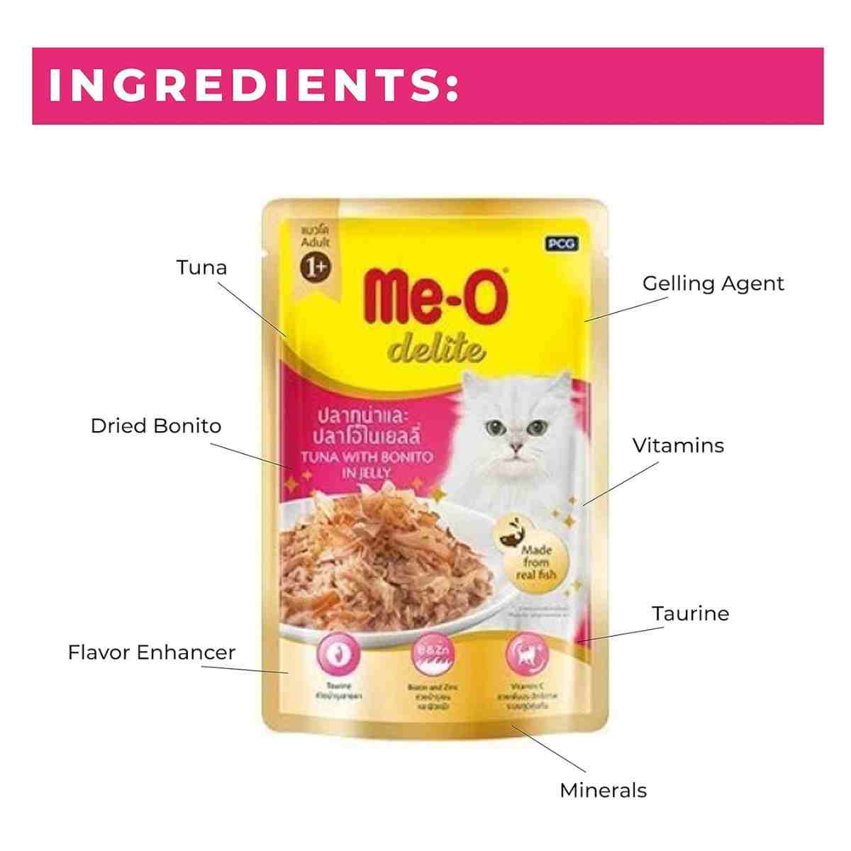 Me-O Pouch Delight Tuna with Bonito in Jelly Wet Cat Food, 70g