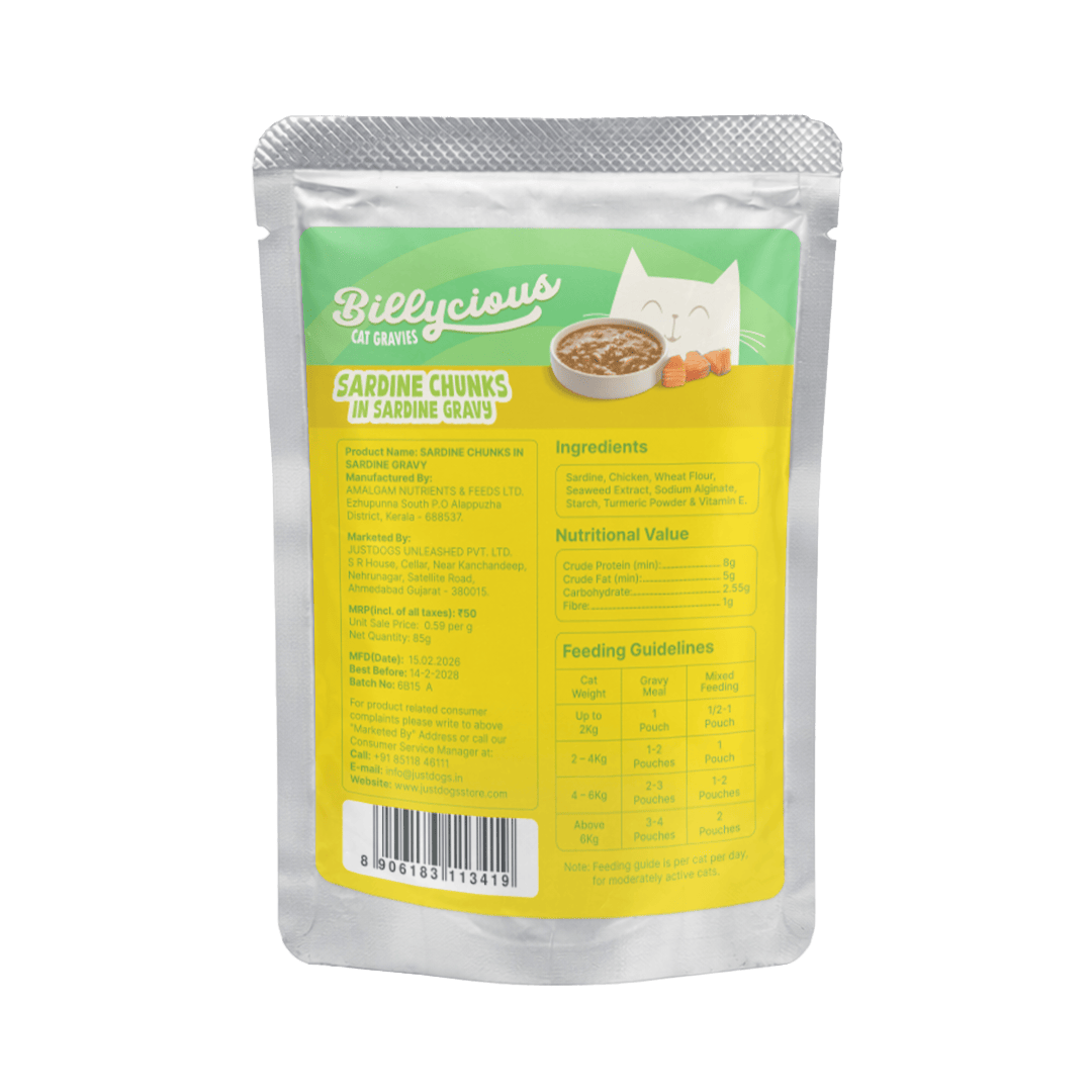 Billycious Sardine Chunks in Sardine Gravy Wet Cat Food, 85g