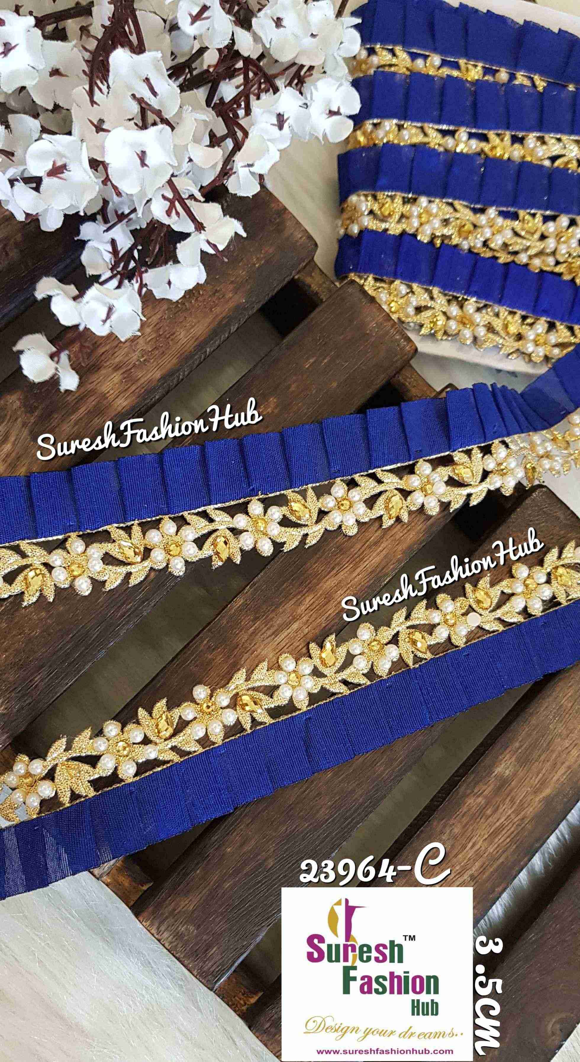 Designer Royal Blue Flowers Embellished Trim