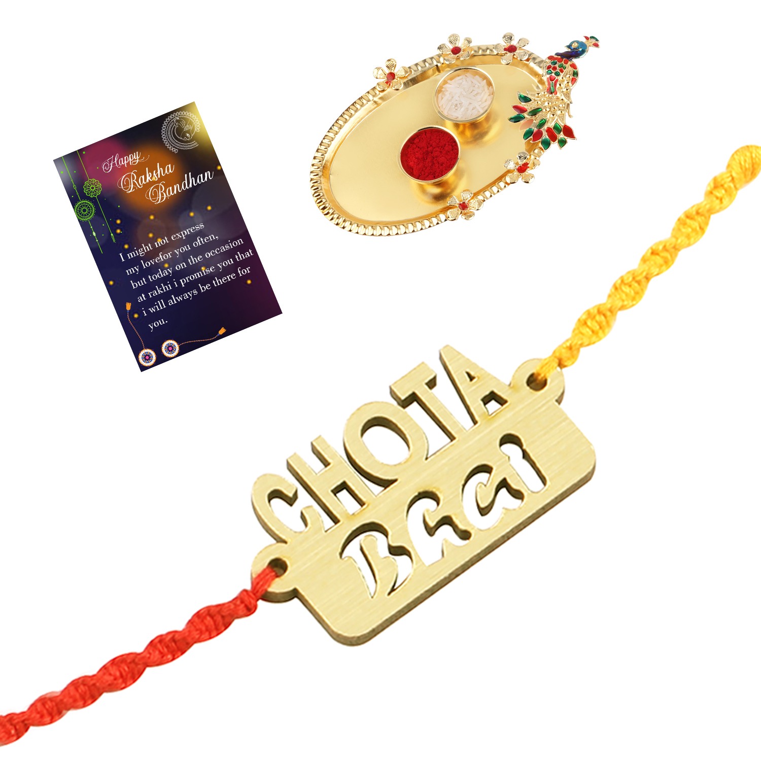  Exclusive Bhaiya Rakhi " CHOTA BHAI" Designer Pendent For Bhaiya/Brother/Bhai With Roli Chawal And 1 Greeting Card 1 Kankawati Pooja Thali 
