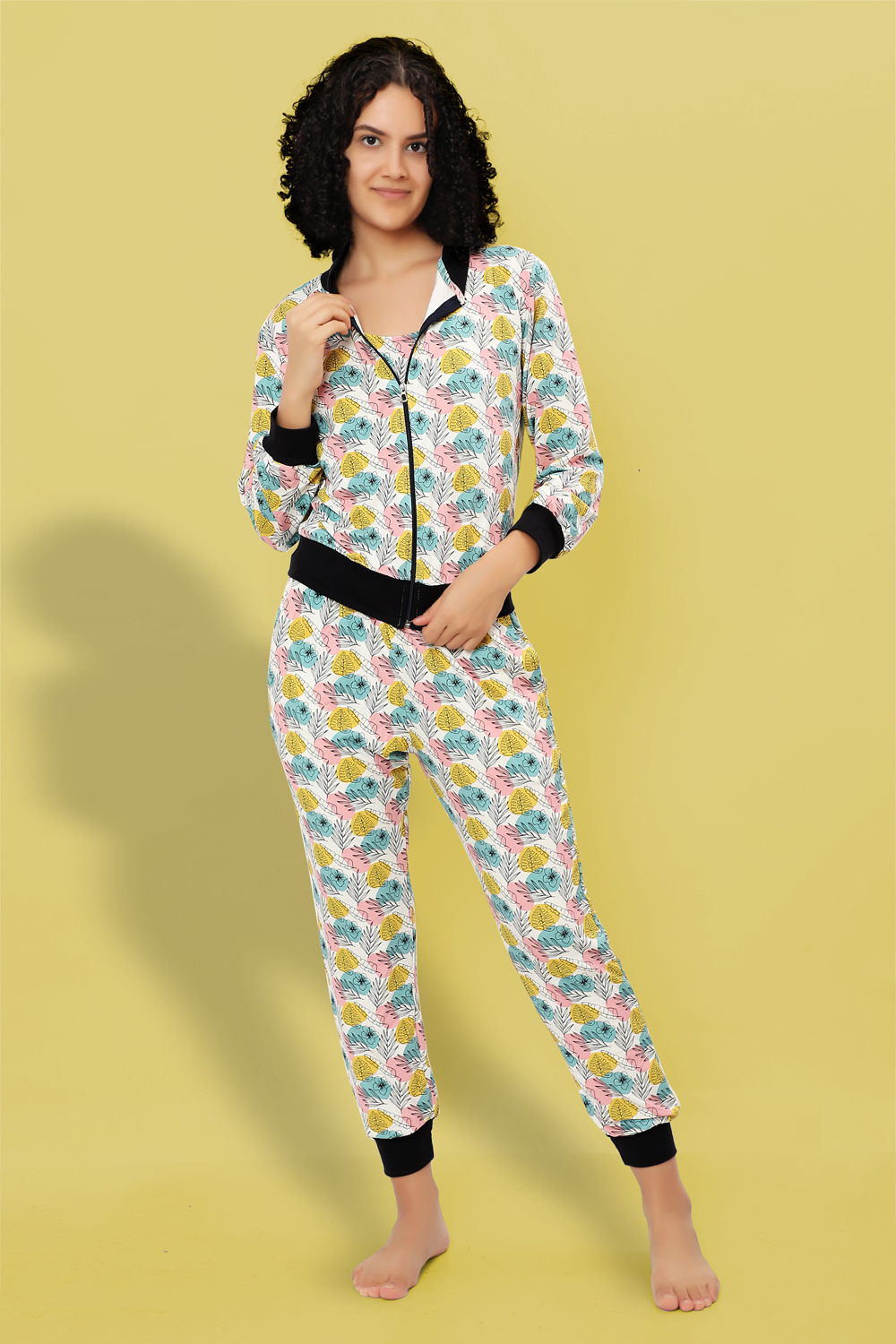 Ninos Dreams Women 3 piece Multicolour Floral Print Bomber Jacket with Jogger Coord Set