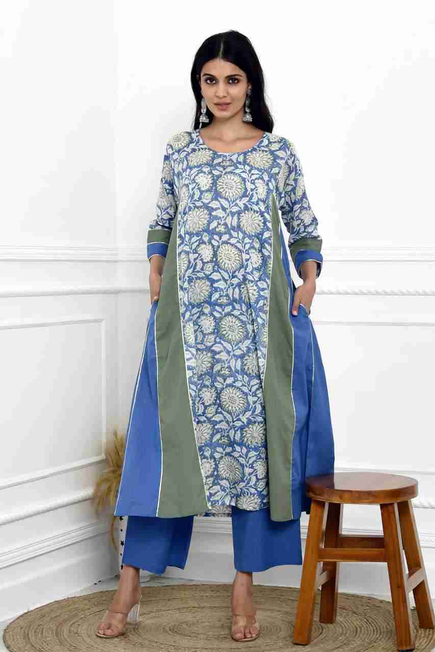 Naksh Green Blue Printed Kalidar Kurta, Pants And Triangular Stole (Set of 3)