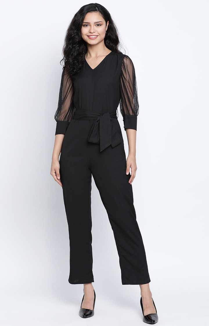 DRAAX fashions | Draax Fashions Black Balloon Net Sleeve Jumpsuit 0