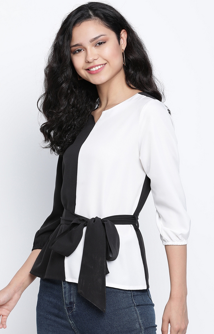 DRAAX fashions | Draax Fashions Women White And Black Solid With Belt Top 2