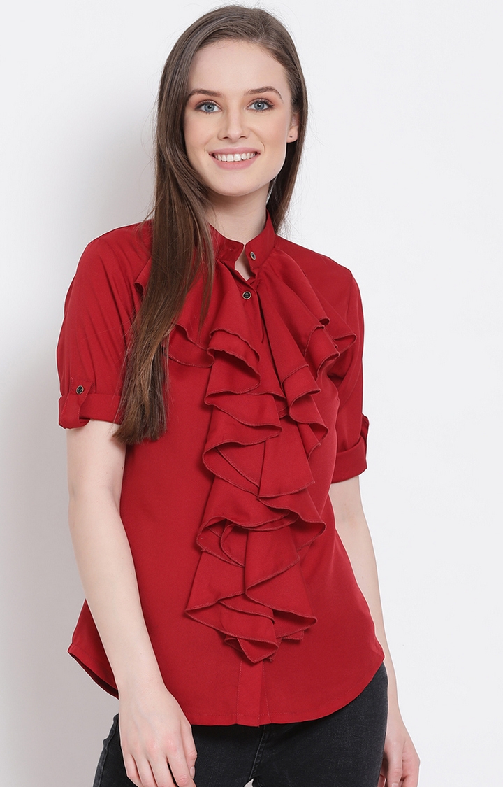 DRAAX fashions | Draax Fashions Women Red Solid Ruffle Top  0