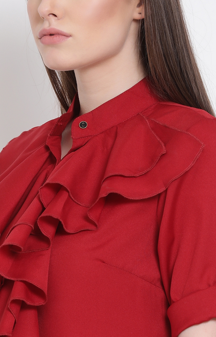 DRAAX fashions | Draax Fashions Women Red Solid Ruffle Top  4