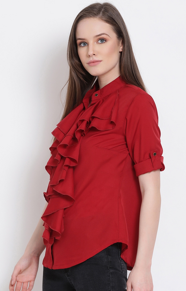 DRAAX fashions | Draax Fashions Women Red Solid Ruffle Top  2