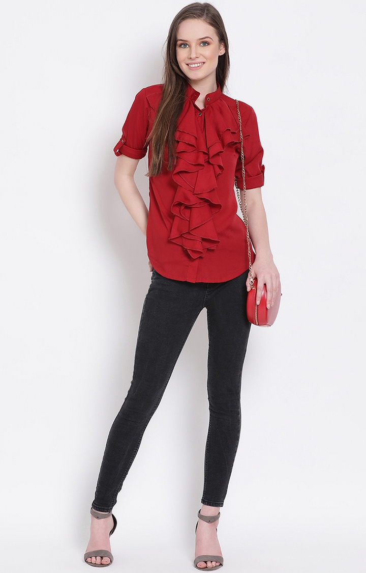 DRAAX fashions | Draax Fashions Women Red Solid Ruffle Top  1