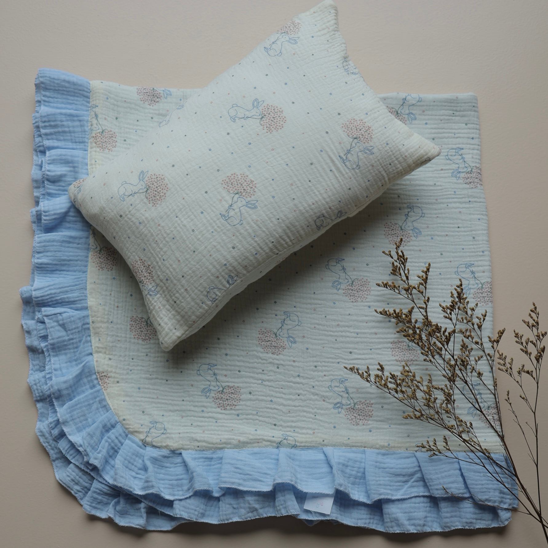 BunnyBlue Reversible Muslin Blanket & Pillow Set