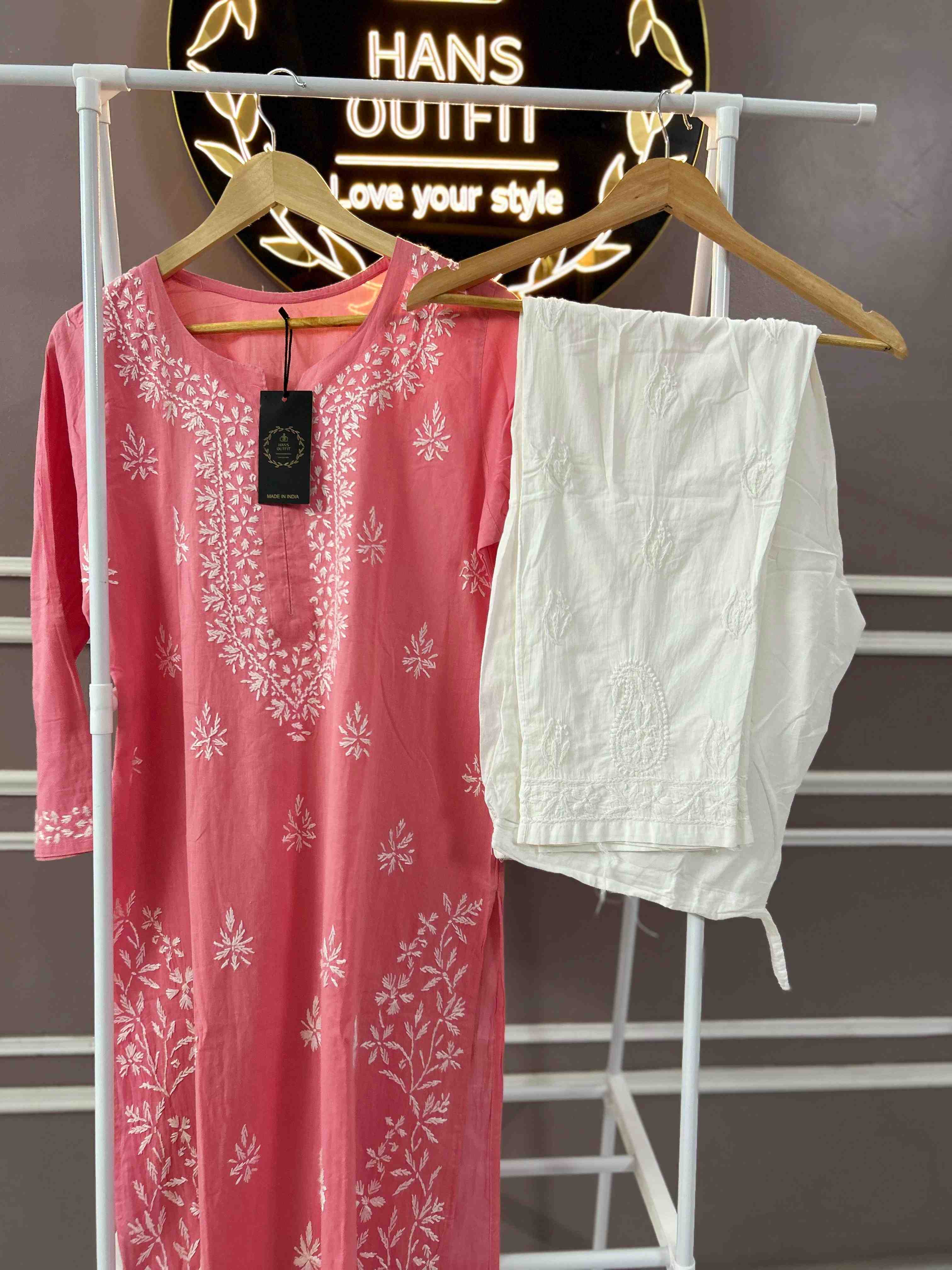 Pink chicken Kari cotton kurta with white chickenkari pant