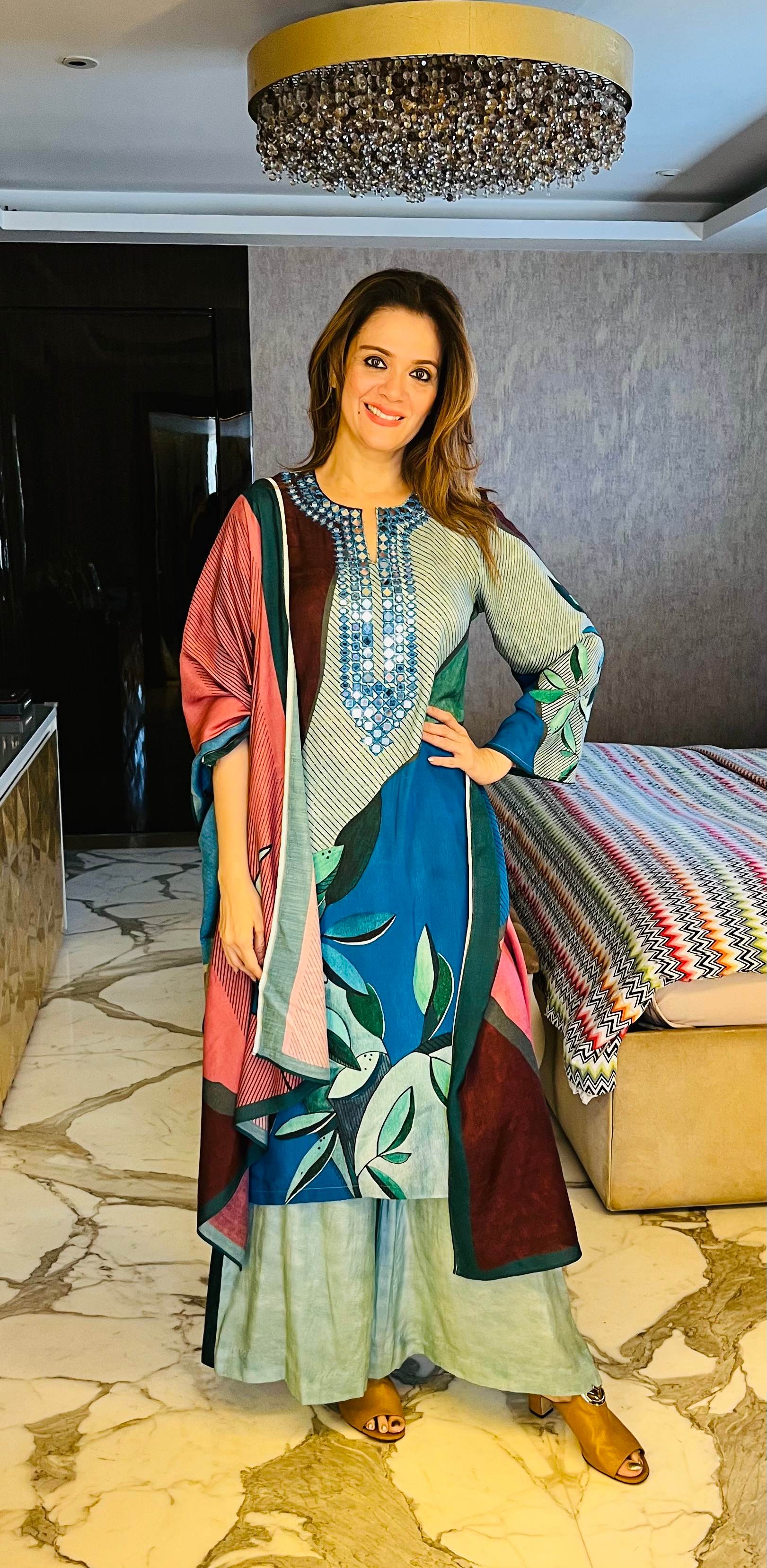 Blue printed kurta set with coordinated printed dupatta