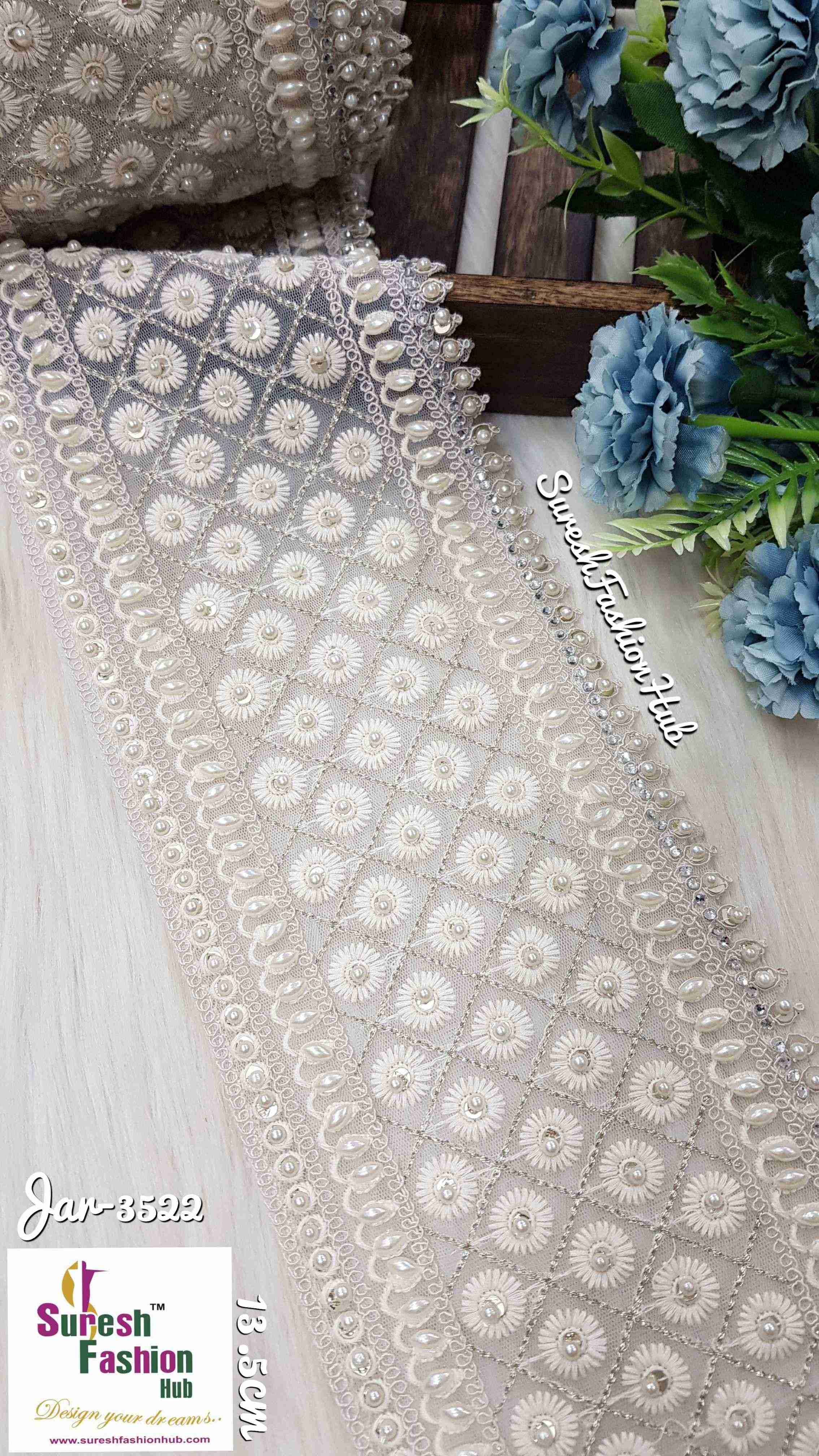  Pearl and Crystal Embellished Lace Fabric