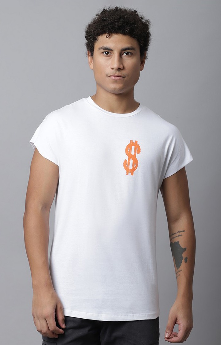 White Printed Solid Cap Sleeve T-Shirt