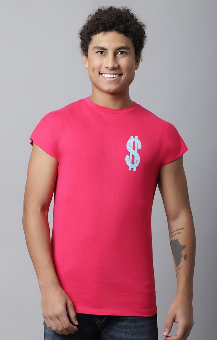 DOOR74 | Pink Printed Solid Cap Sleeve T-Shirt