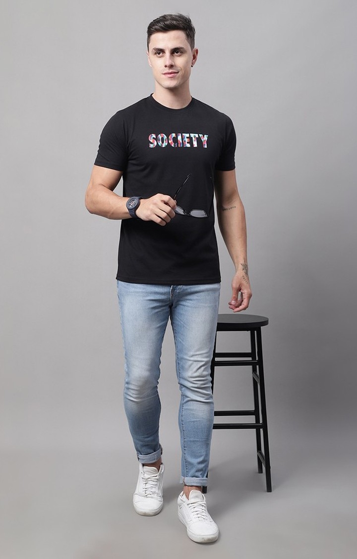 Men's  Society Printed Black Color Regular Fit Tshirt