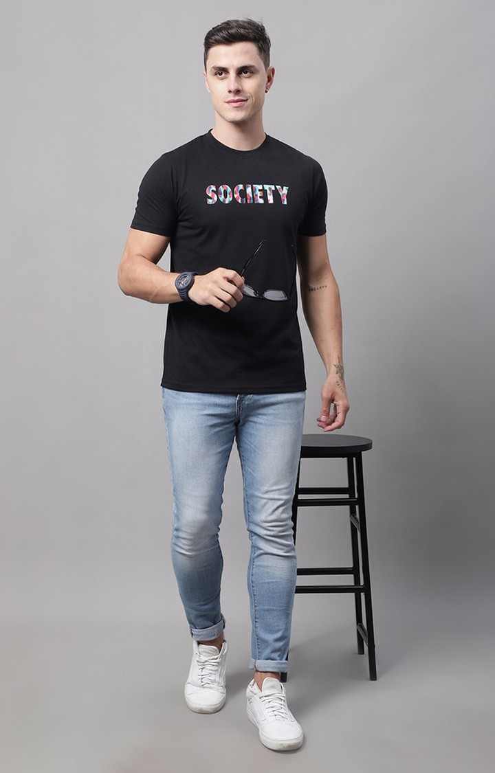 Men's  Society Printed Black Color Regular Fit Tshirt