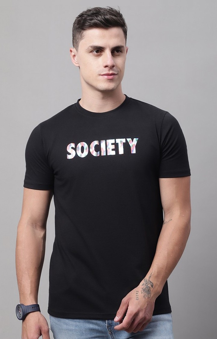 DOOR74 | Men's  Society Printed Black Color Regular Fit Tshirt