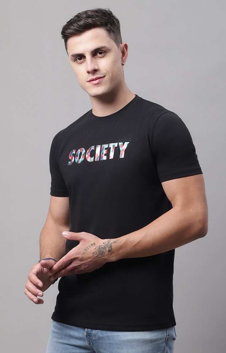 Men's  Society Printed Black Color Regular Fit Tshirt