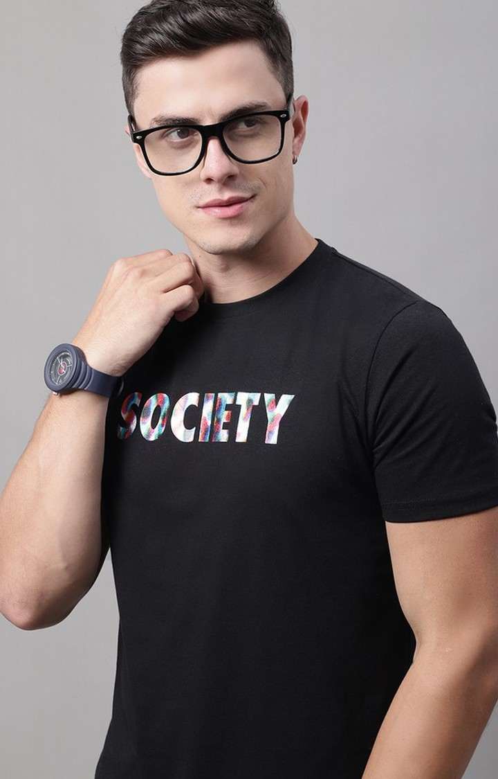 Men's  Society Printed Black Color Regular Fit Tshirt