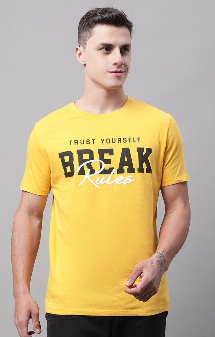 DOOR74 | Men's  Break Rules Printed Mustard Color Regular Fit Tshirt