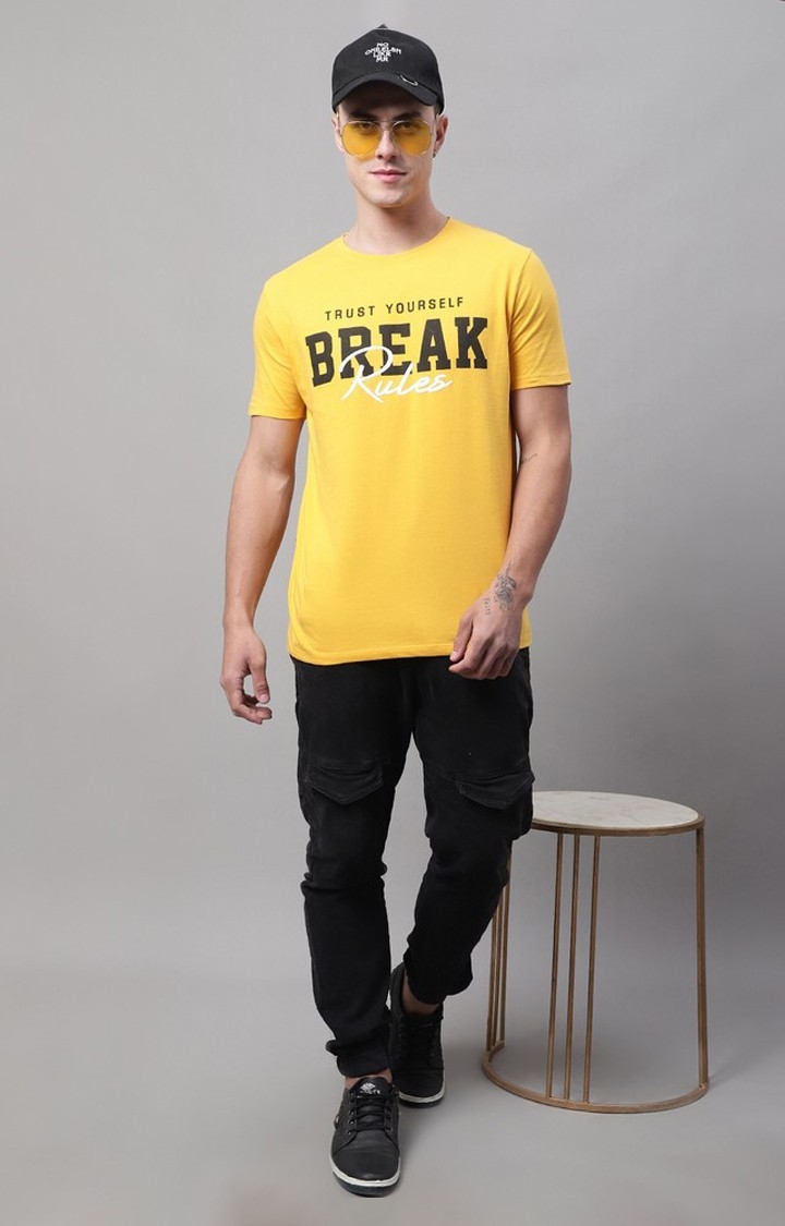 Men's  Break Rules Printed Mustard Color Regular Fit Tshirt
