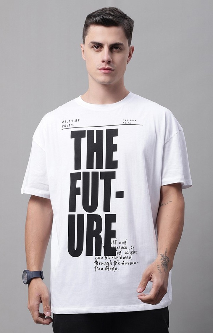 DOOR74 | Men's  Future Printed White Color Oversize Fit Tshirt