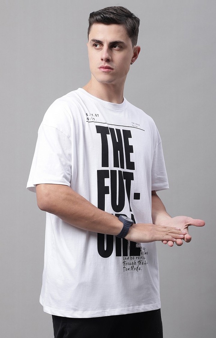 Men's  Future Printed White Color Oversize Fit Tshirt