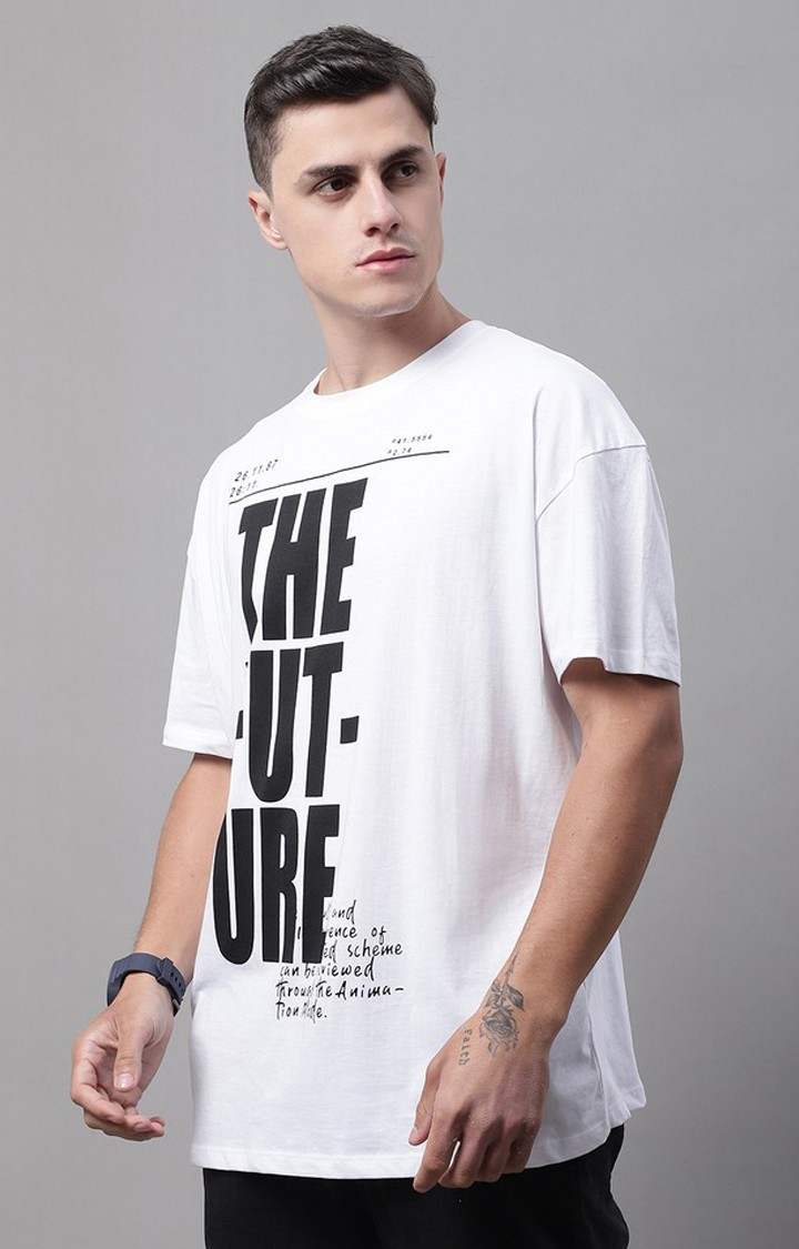 Men's  Future Printed White Color Oversize Fit Tshirt