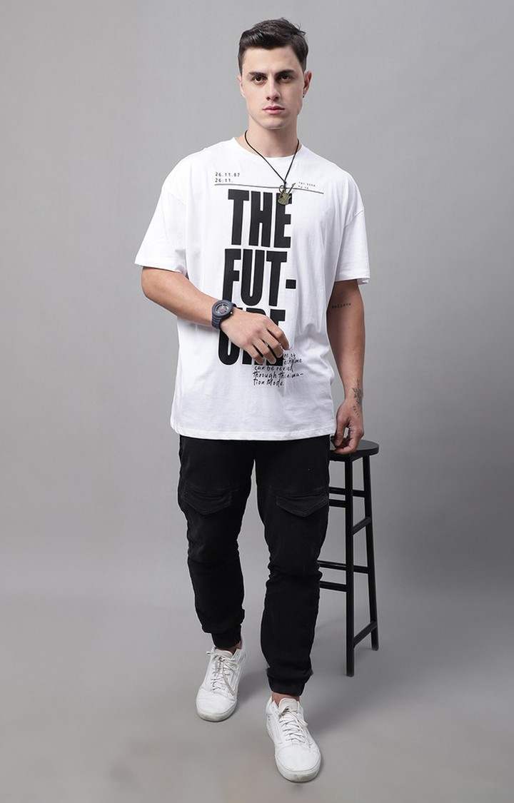 Men's  Future Printed White Color Oversize Fit Tshirt