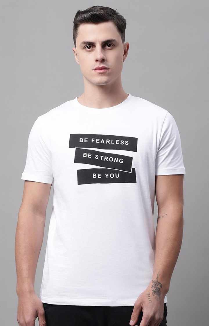 DOOR74 | Men's  Be Fearless Printed White Color Regular Fit Tshirt